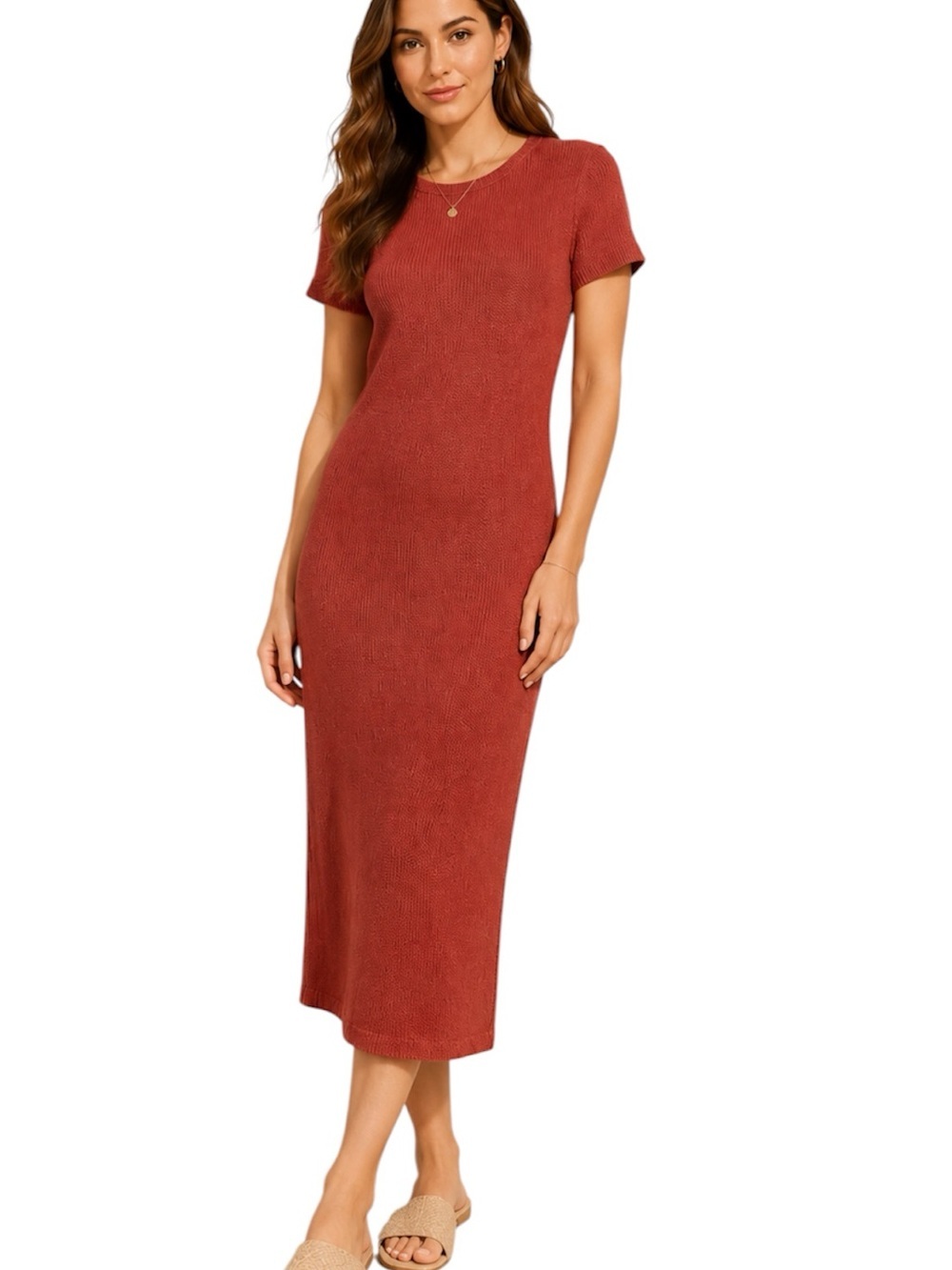 Zara Rust Short-Sleeve Sweater Midi Dress